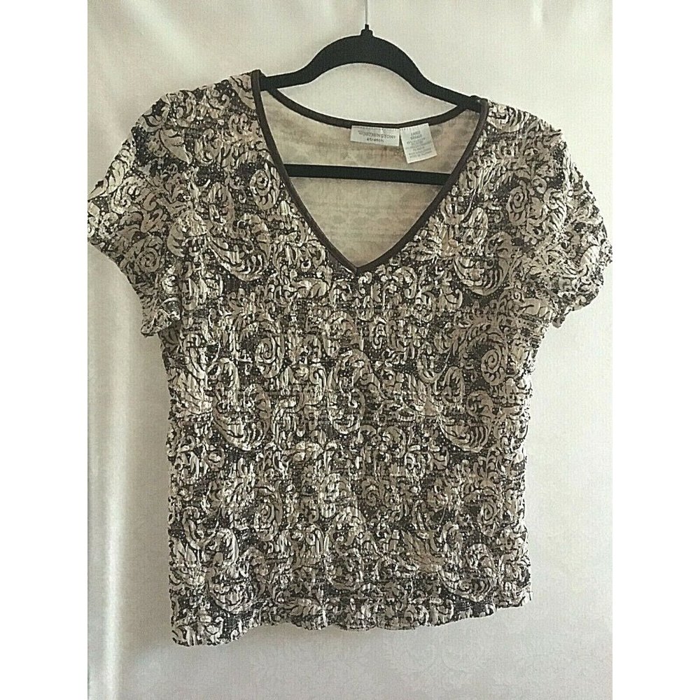 Worthington Women's Top Sz. Large Stretch Lace Knit Pullover Crop Brown Beige A5